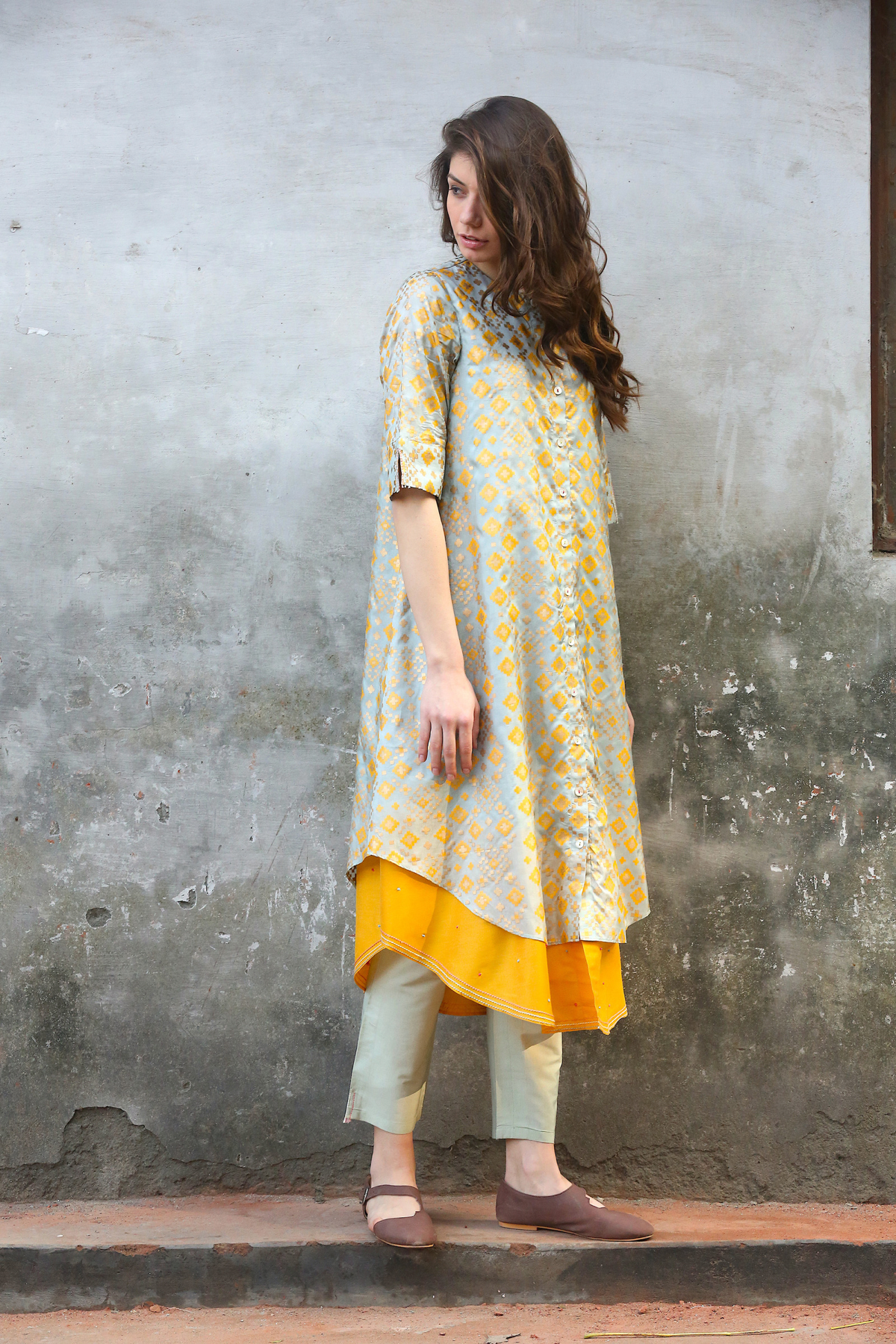 Mint Mustard Ikat Printed Kurta Set