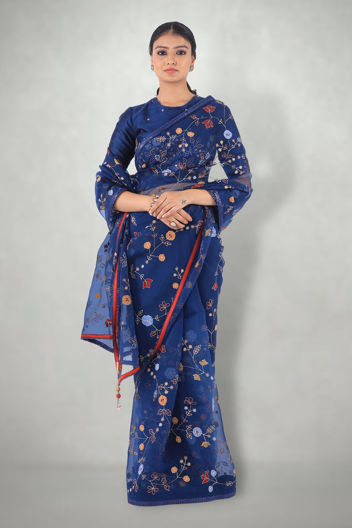 Rust Aari & Mirror Work Saree Set