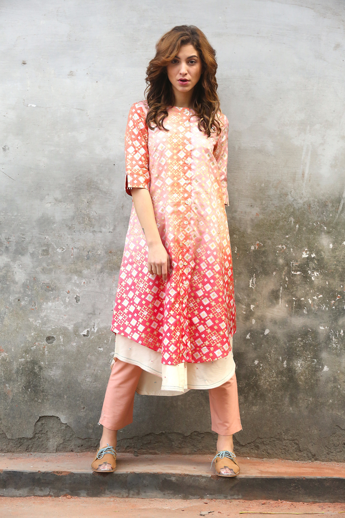 Peach Pink Ombre Ikat Printed Kurta Set