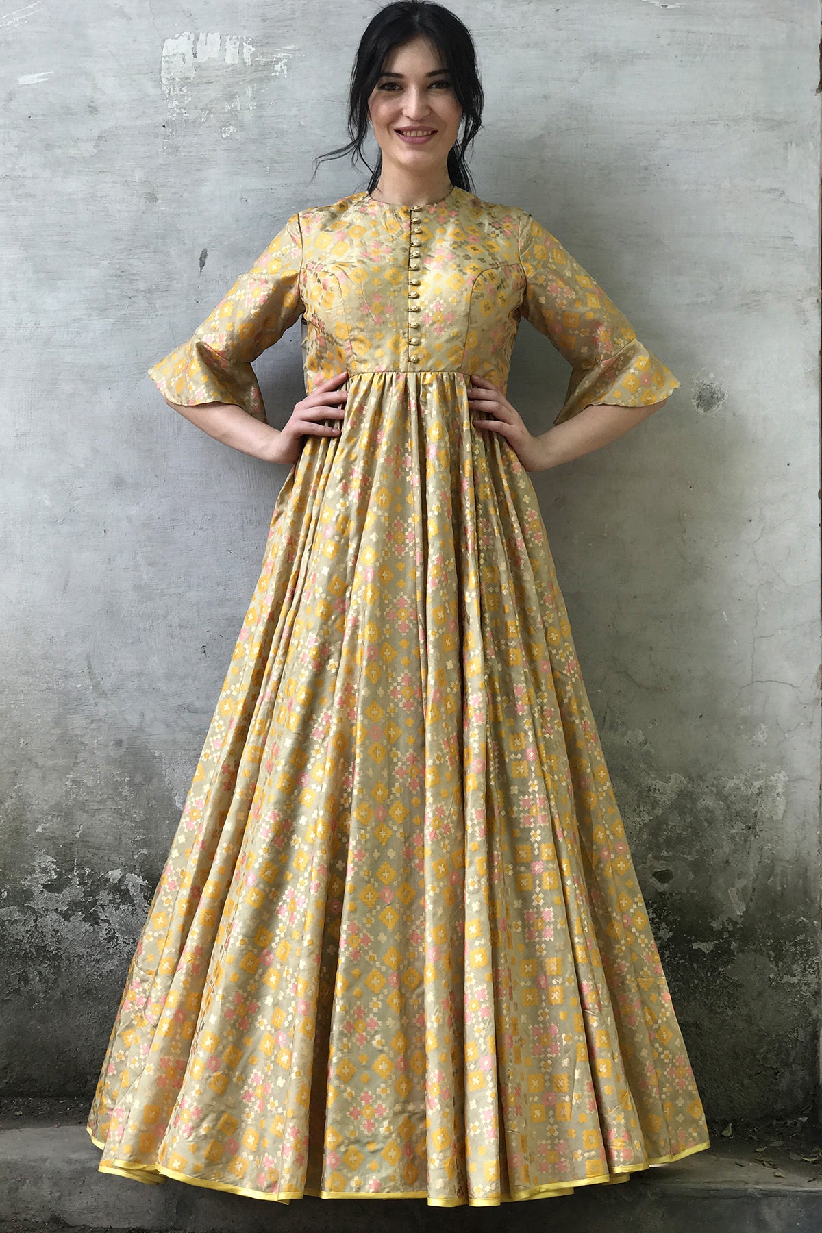 Golden Beige Ikat Printed Gown