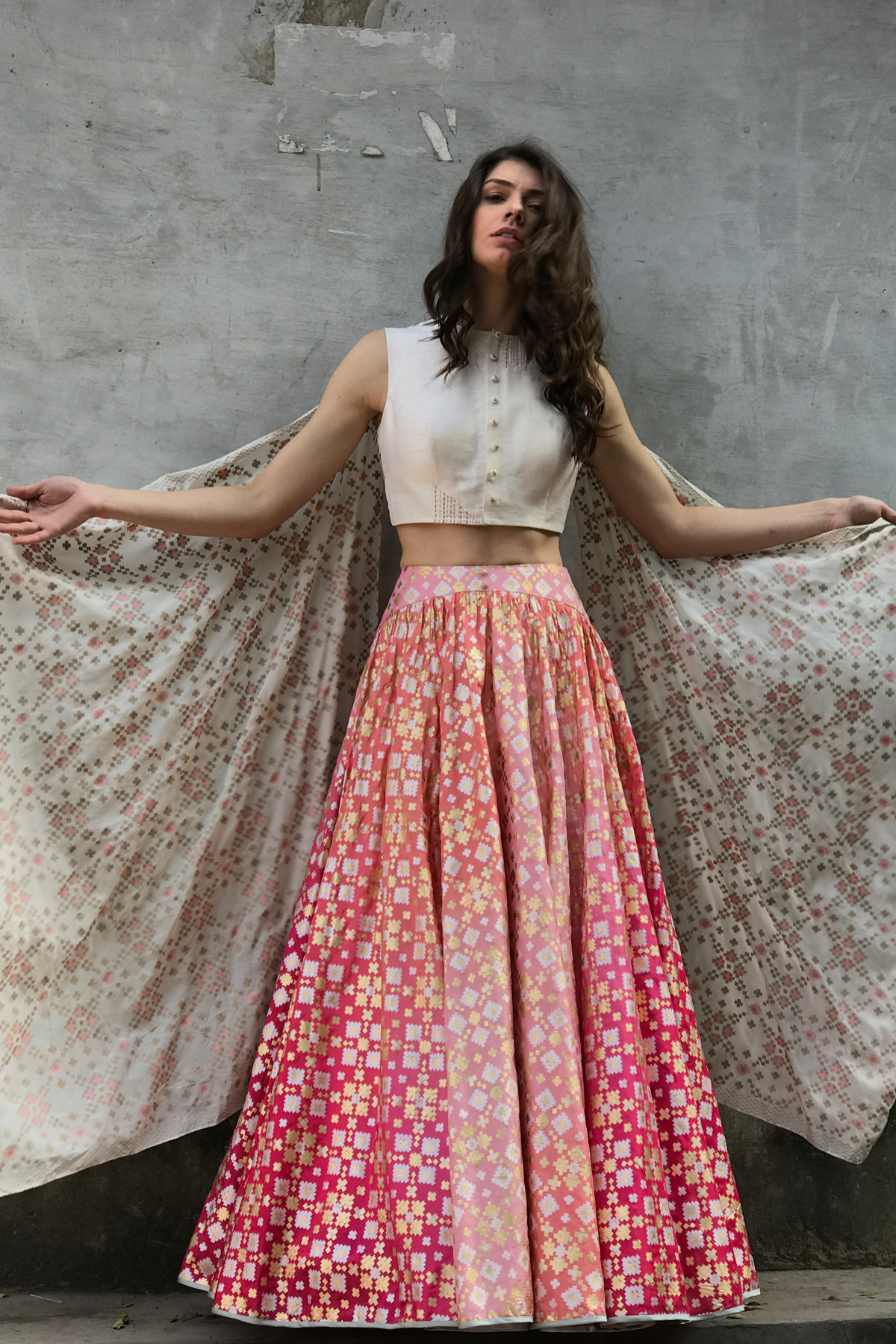 Pink Peach Ombre Ikat Printed Lehenga Set