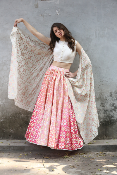 Pink Peach Ombre Ikat Printed Lehenga Set