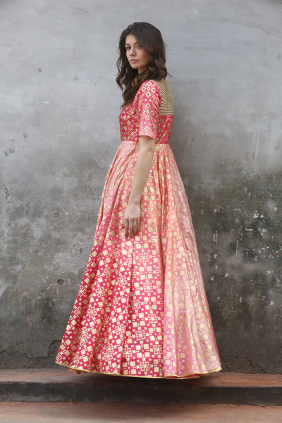 Peach Pink Ombre Ikat Printed Gown