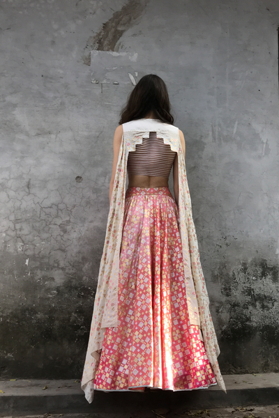 Pink Peach Ombre Ikat Printed Lehenga Set