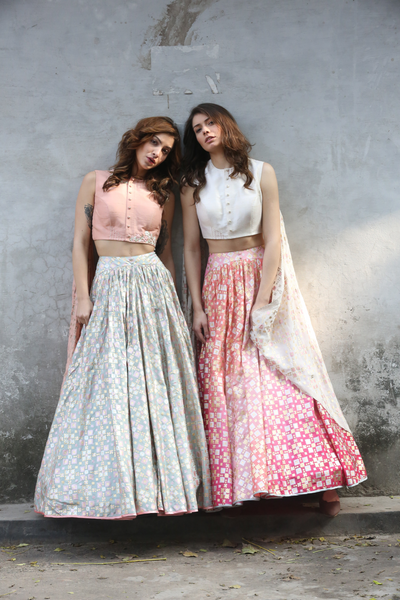 Pink Peach Ombre Ikat Printed Lehenga Set