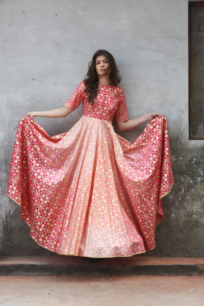 Peach Pink Ombre Ikat Printed Gown