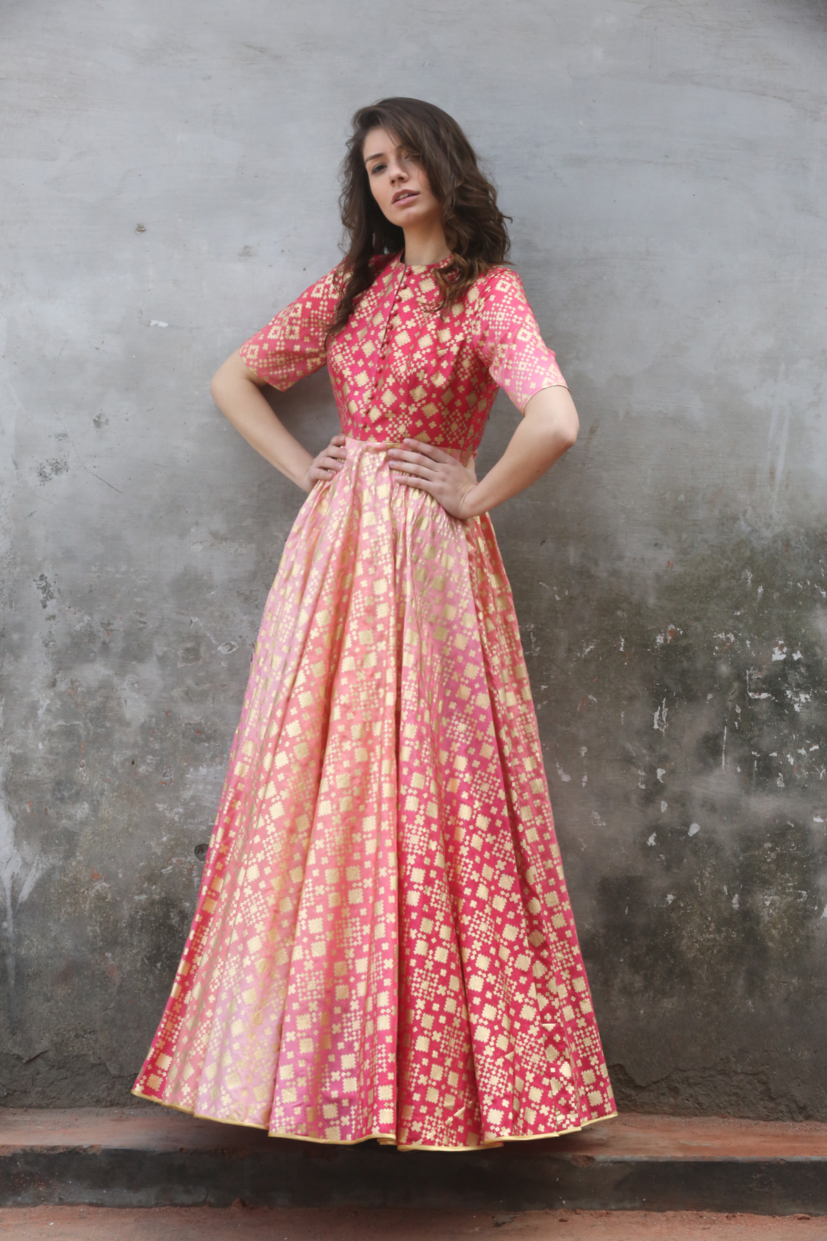 Peach Pink Ombre Ikat Printed Gown