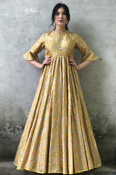 Golden Beige Ikat Printed Gown