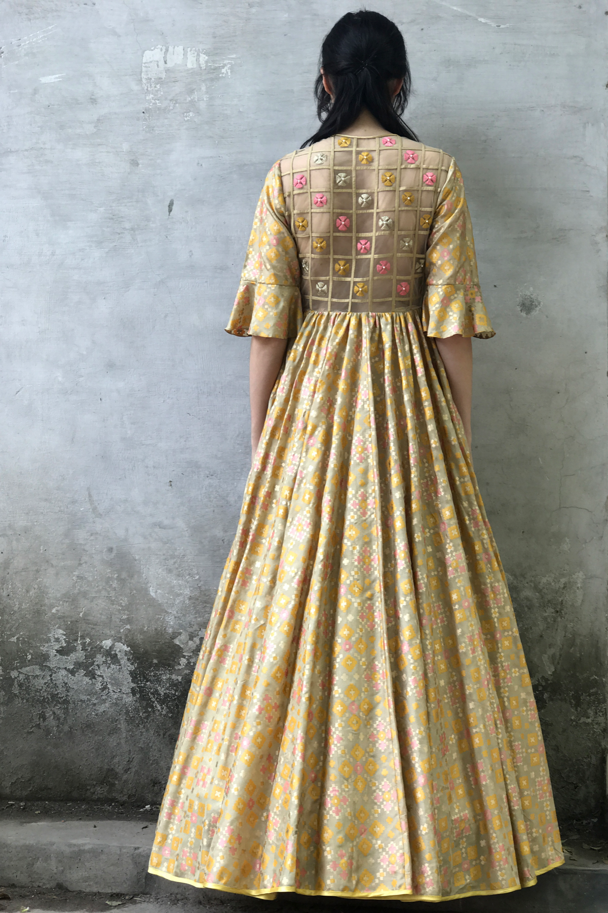 Golden Beige Ikat Printed Gown