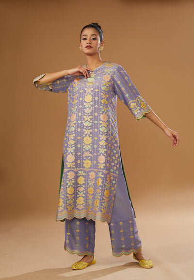 Colorful floral Hand printed silk suit Set