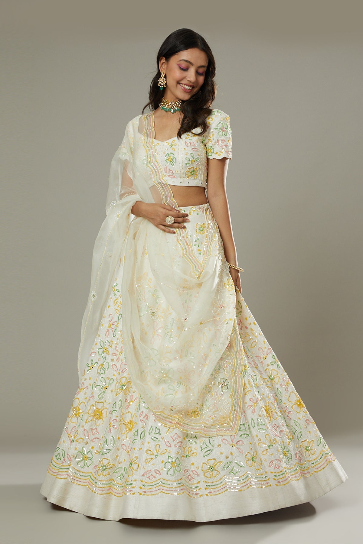 French vanilla candy hand embroidered raw silk lehenga set