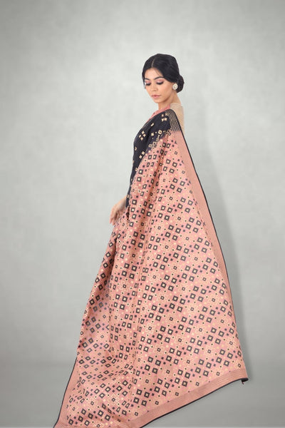 Black & Pink Ombre Ikat Printed Saree Only