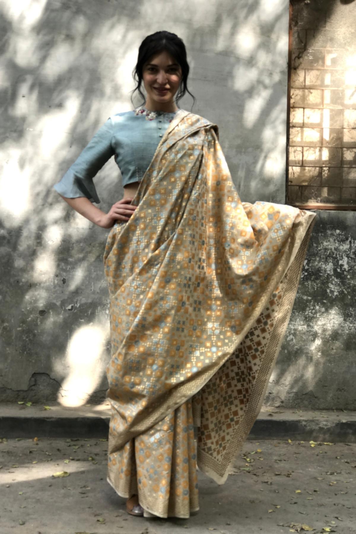 Beige Mint Ikat Printed Silk Saree Only