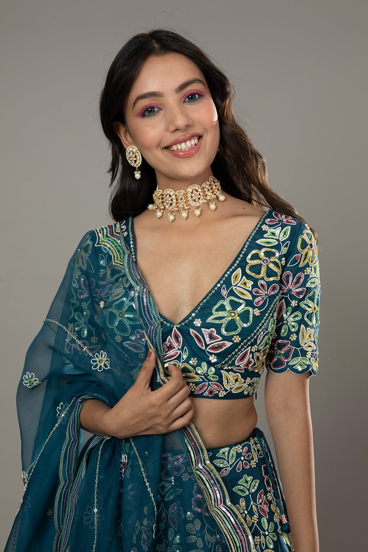 Blueberry candy hand embroidered raw silk lehenga set