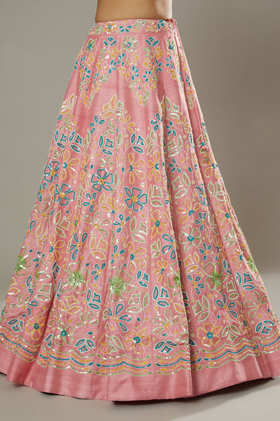 Candy floss hand embroidered raw silk lehenga set