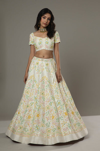 French vanilla candy hand embroidered raw silk lehenga set