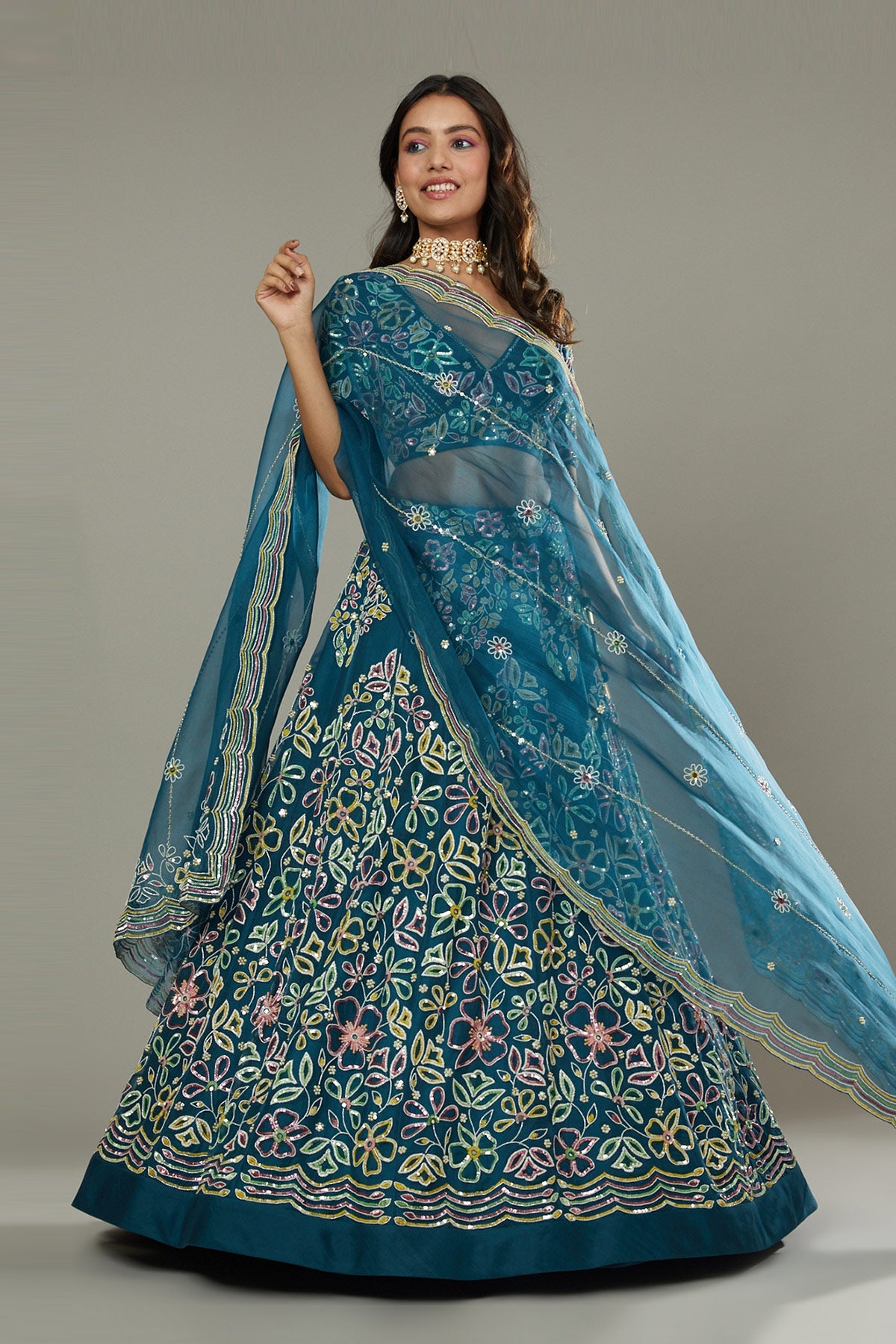 Blueberry candy hand embroidered raw silk lehenga set