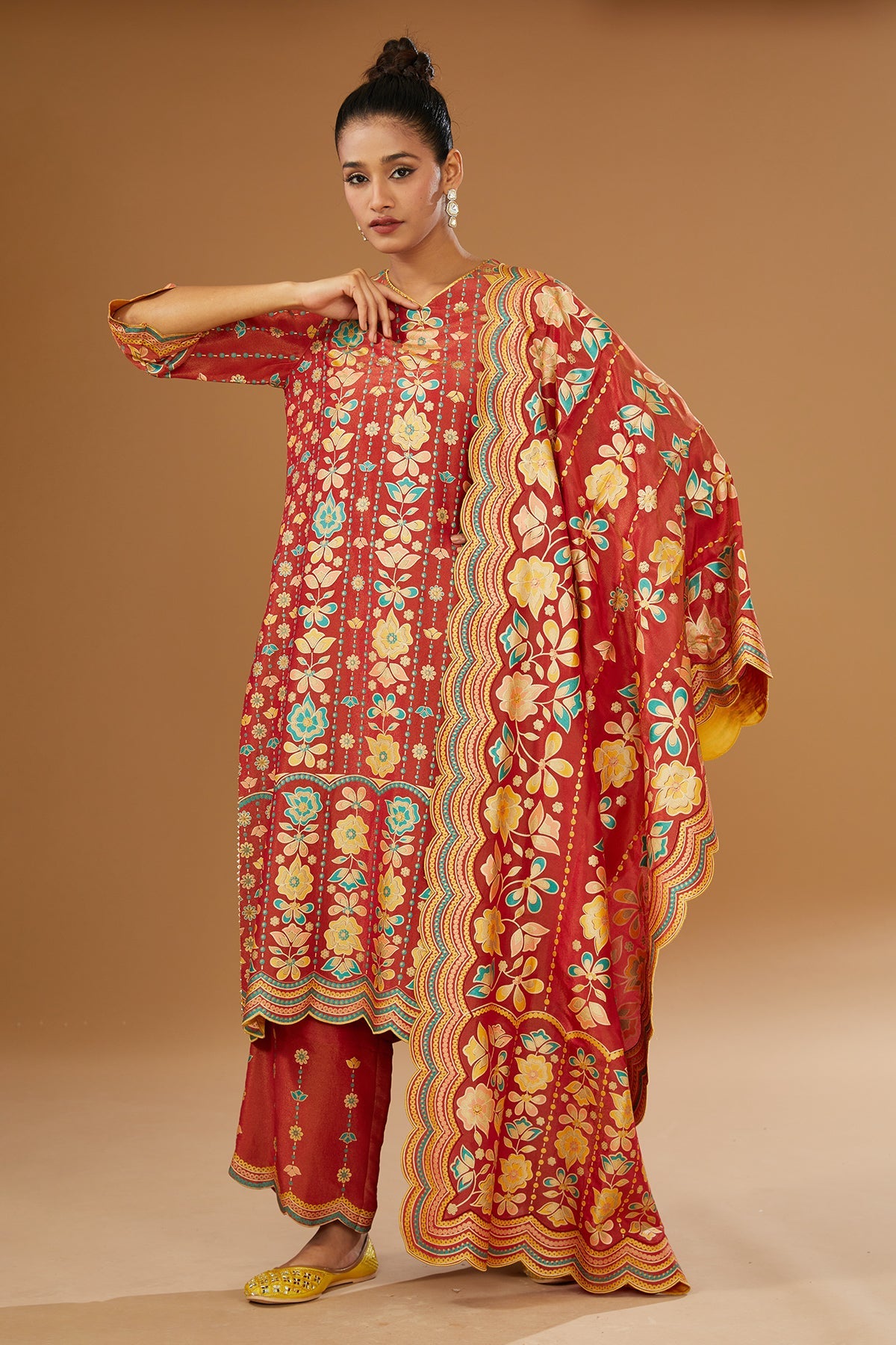 Colorful floral Hand printed silk suit Set