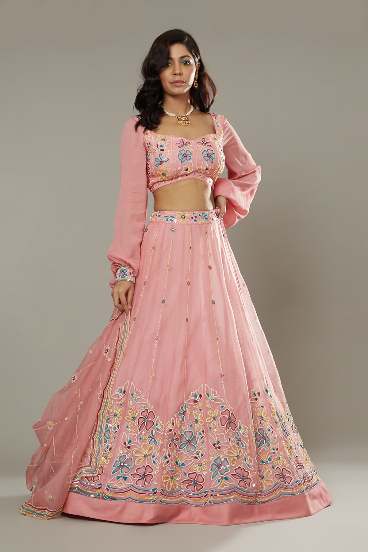 Candy floss hand embroidered organza lehenga set