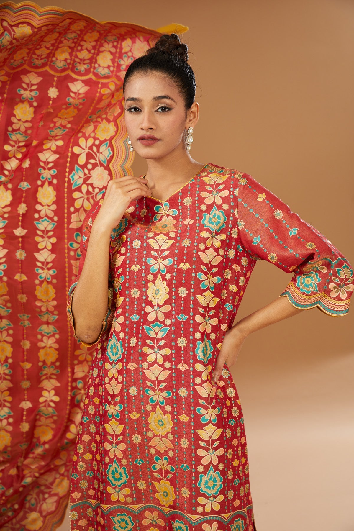 Colorful floral Hand printed silk suit Set