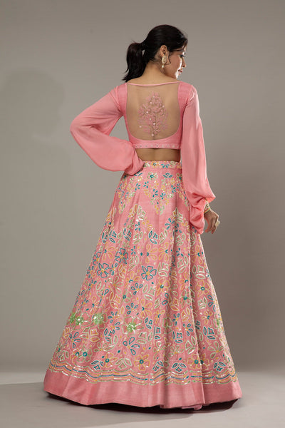 Candy floss hand embroidered raw silk lehenga set