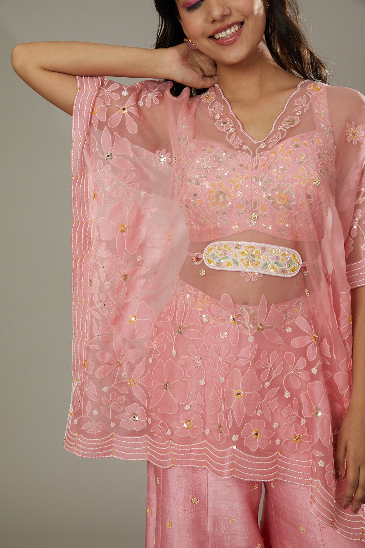 Candy floss hand embroidered and applique work sharara cum plazzo set