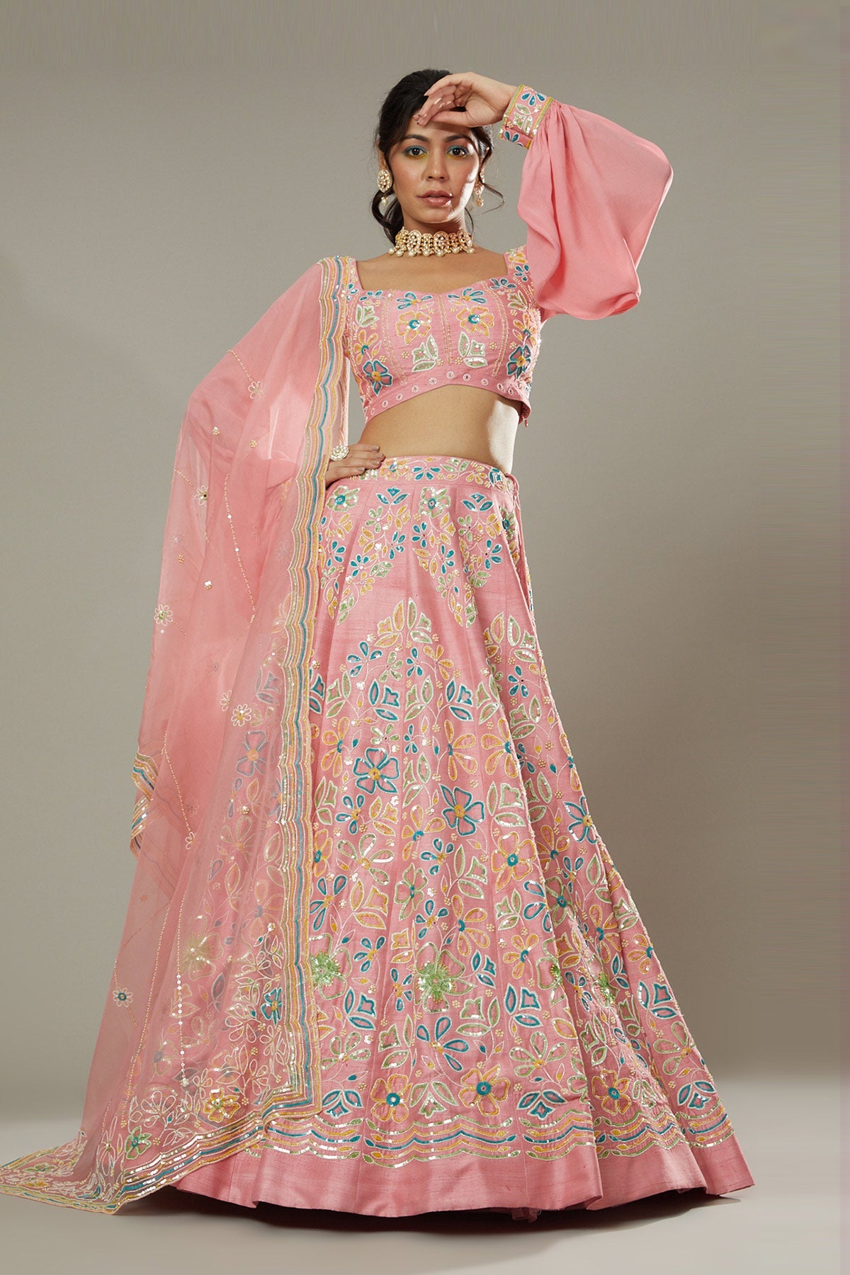 Candy floss hand embroidered raw silk lehenga set