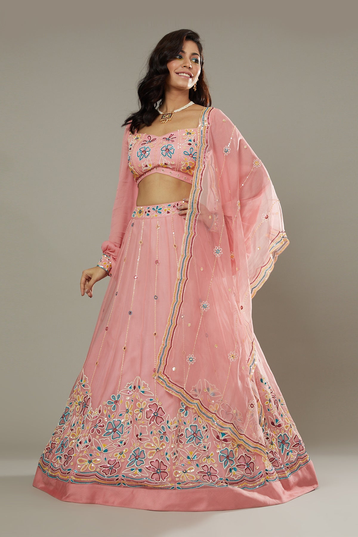 Candy floss hand embroidered organza lehenga set